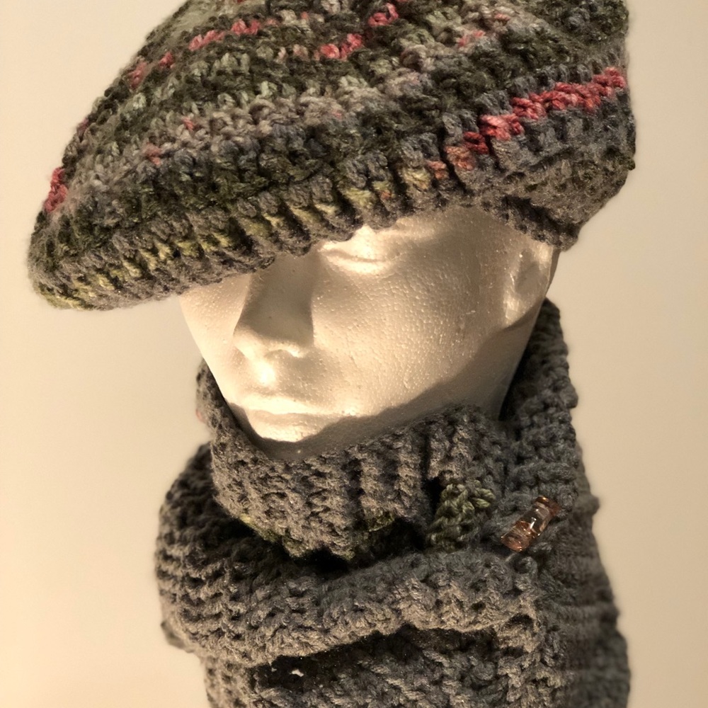 Winter Blossoms reversible crochet hat/scarf Set.